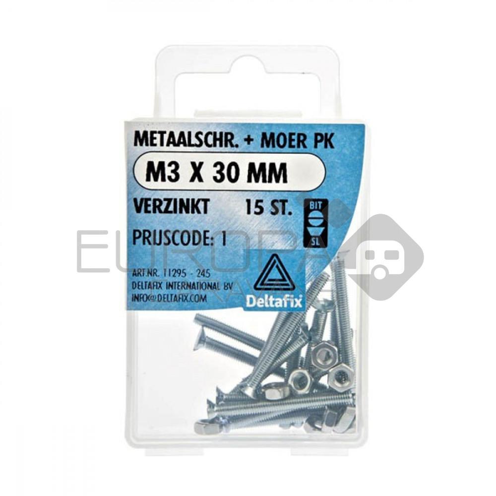 Deltafix Metaalschroef + Moer PK Verzinkt M3x30mm 15st