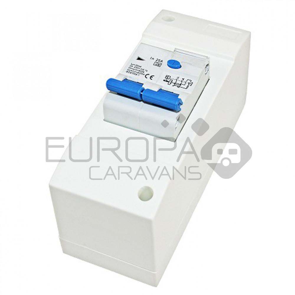 Aardlekschakelaar. 25Amp. Voorzien van kast.