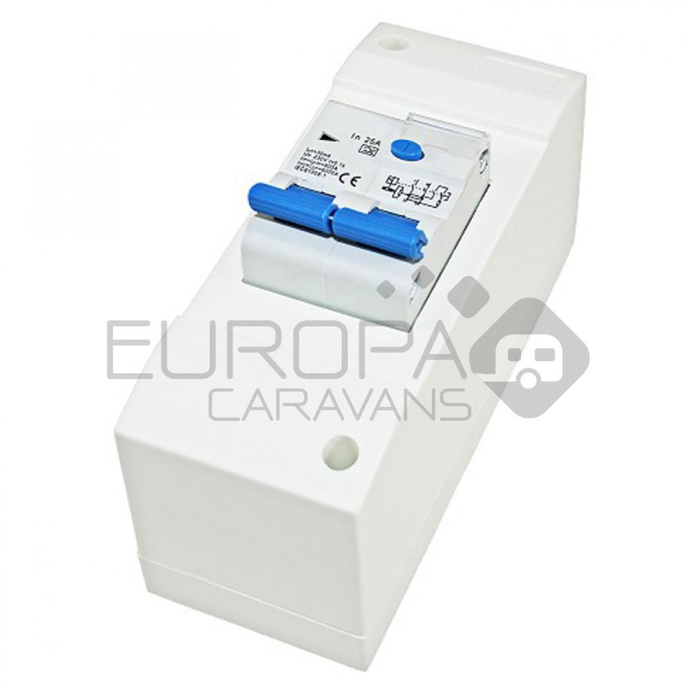 Aardlekschakelaar. 25Amp. Voorzien van kast.