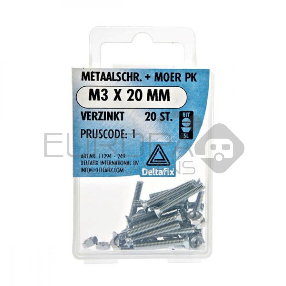Deltafix Metaalschroef + Moer PK Verzinkt M3x20mm 20st