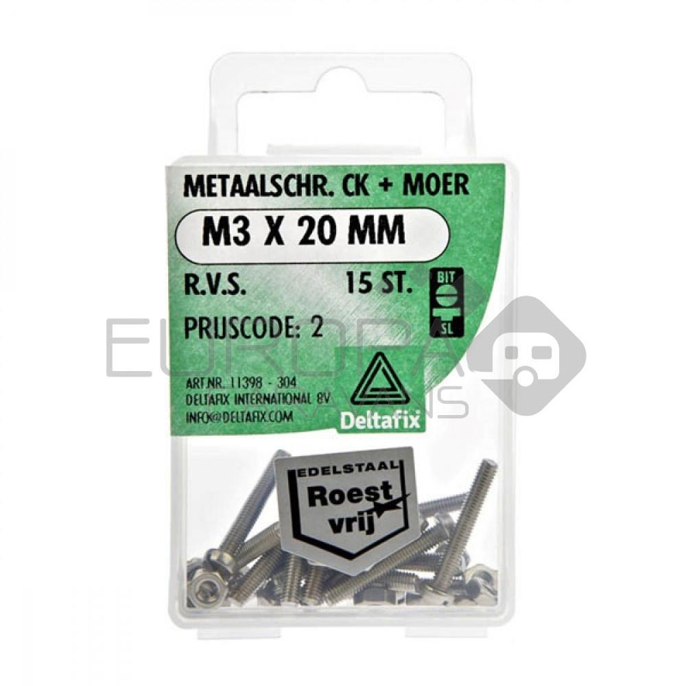 Deltafix Metaalschroef + Moer CK RVS CK M3x20mm 15st
